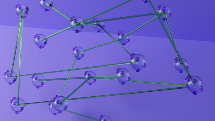 An artistic representation of a node diagram using purple nodes connected by green lines